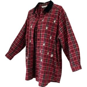 Red Plaid Snowman Top Women 2X Embroidered Velvet Collar Holidays
